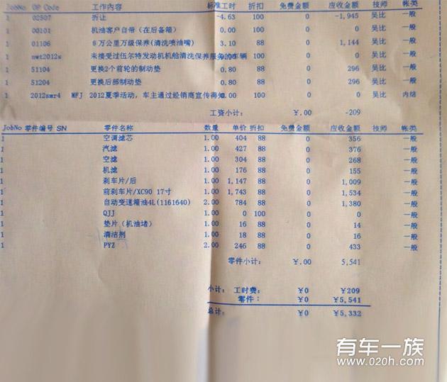 60000万公里沃尔沃XC90保养费用清单