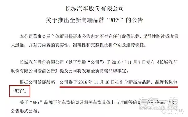 长城高端品牌定名WEY 网友点评辣眼睛